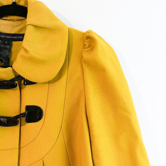 FRENCH CONNECTION Y2K Twee Puff Sleeve Mod Cashmere Wool Blend Yellow Pea Coat - Picture 7 of 11